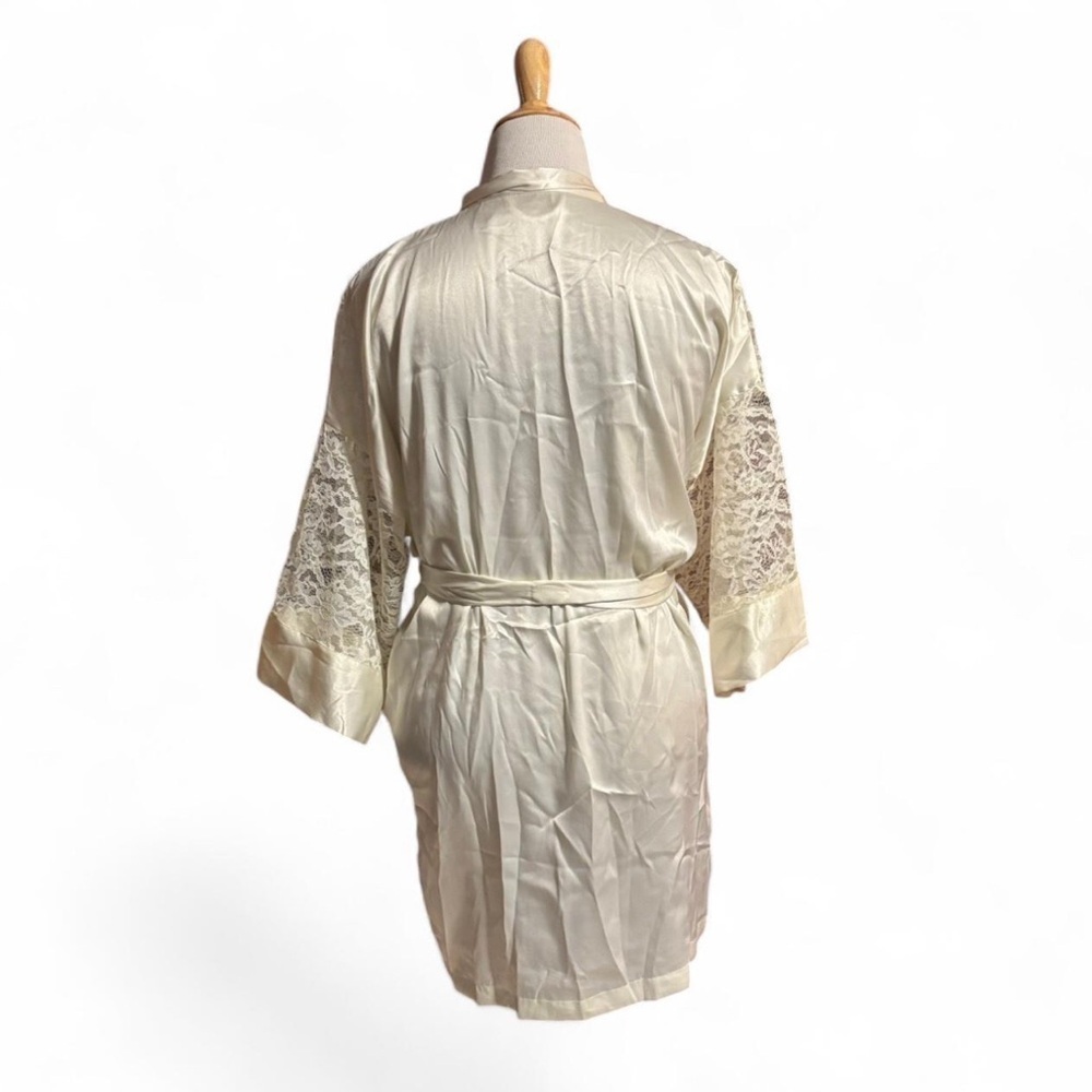 VTG Victoria Secret Gold Label OS Sheer Lace Mini Robe Ivory Satin Floral Kimono - Picture 2 of 6